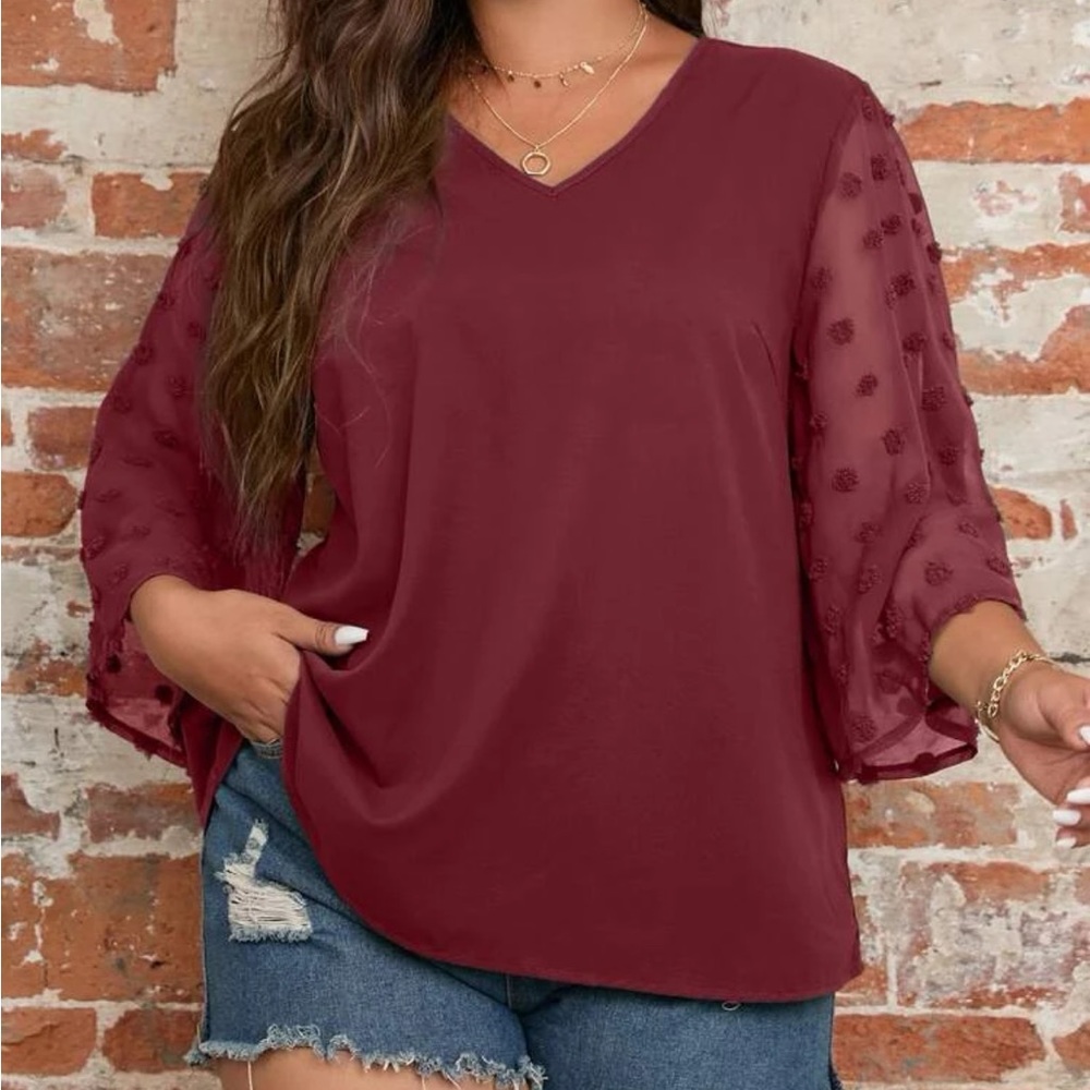Plus size dusty pink Swiss dot sleeve V neck blouse - Picture 9 of 16